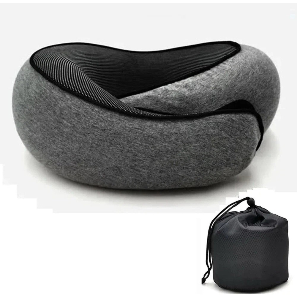 Travel Neck Pillow Snail Shape Memory Foam Gray With Travel Bag New